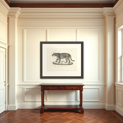 19th-Century Lithograph of the Jaguar, Also Known as the American Tiger, shown framed in a room