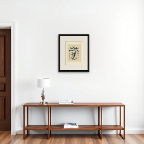 1848 Hand-Colored Lithograph of Butterflies, Caterpillars and Blackthorn Plant, shown framed on a wall
