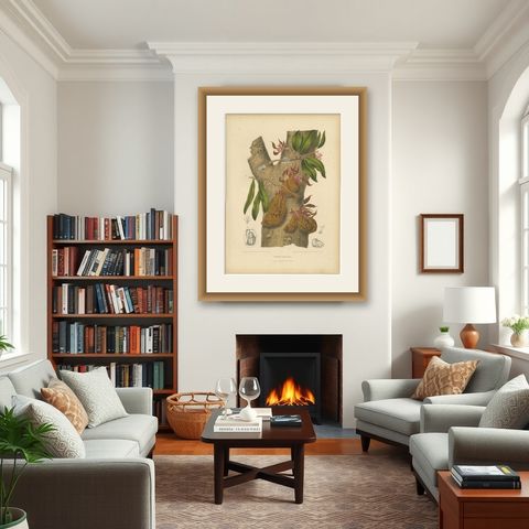 Original Antique Botanical Chromolithograph of Namnam Tree, c. 1880, shown framed in a room