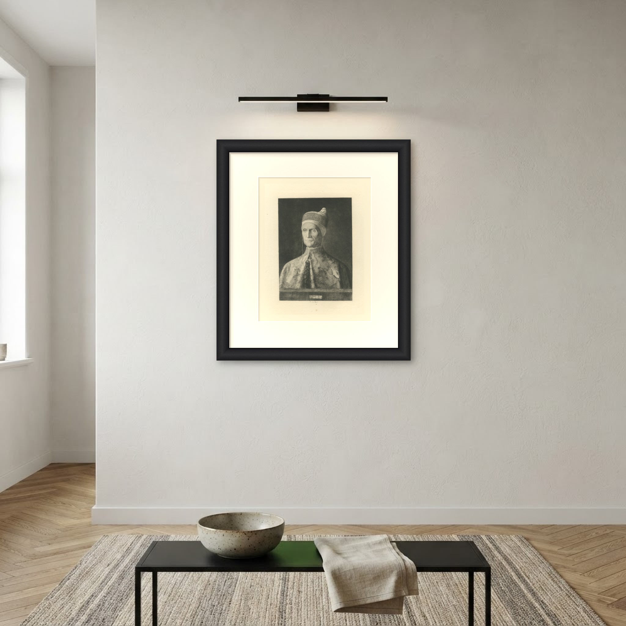 Doge Leonardo Loredan after Giovanni Bellini, Etching by Paul Le Rat, circa 1880, shown framed on a wall