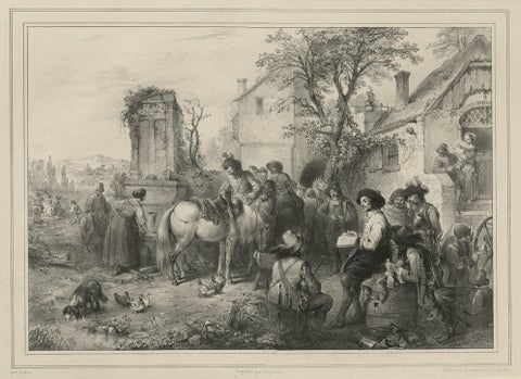 Old Print of Wouwerman and the Study of Horses, 1842, close-up 1