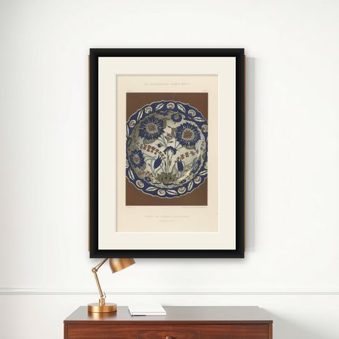 Damascus Faience Plate with Carnations and Tulips, Julius Lessing, Berlin 1890, shown framed on a wall