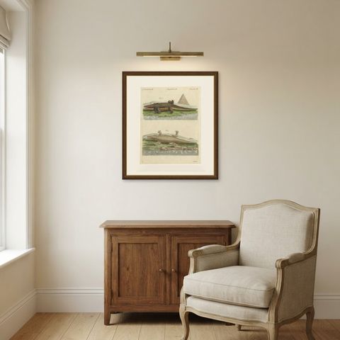 Crocodiles with an Egyptian Pyramid, Antique Bertuch Print, Vienna, circa 1805, shown framed in a room