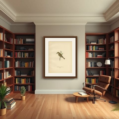 Antique Bird Print of the Reed Warbler by Von Wright, 1927, shown framed in a room