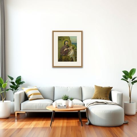 St Joseph and Child Jesus with Lily, Antique German Chromolithograph c.1900, shown framed in a room