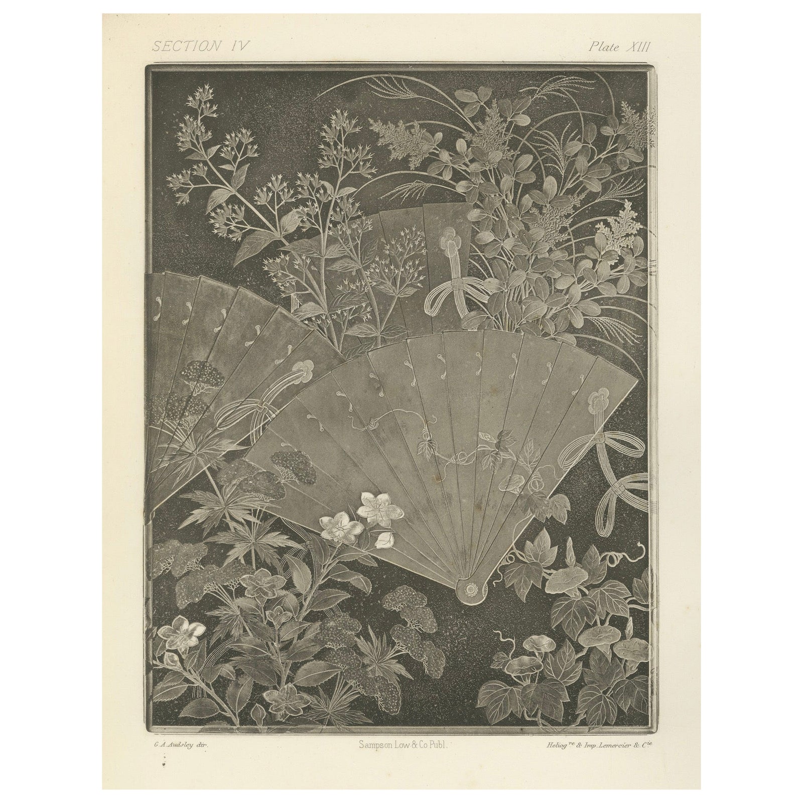 Japanese Fans and Floral Heliogravure Print by G. A. Audsley, Paris, c. 1880