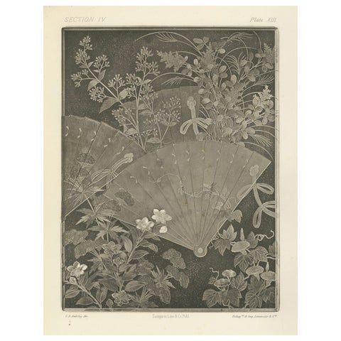 Japanese Fans and Floral Heliogravure Print by G. A. Audsley, Paris, c. 1880