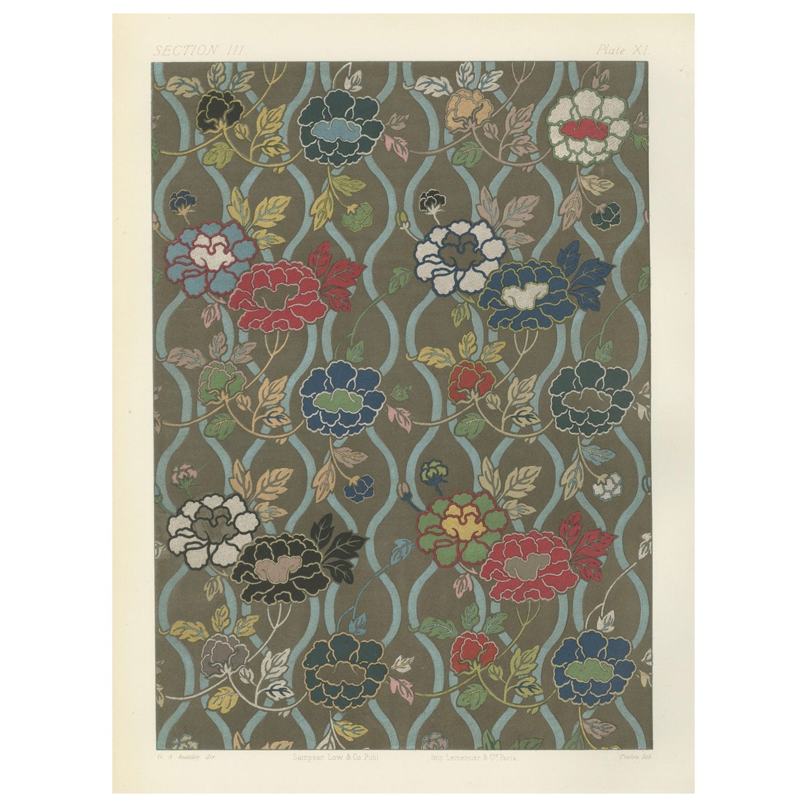 Japanese Floral Textile Pattern Print by G. A. Audsley, Paris, c. 1882
