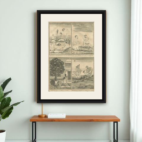 Indian Ascetics and Devotion Rituals, Feeding Birds and Acts of Penitence, 1734, shown framed on a wall