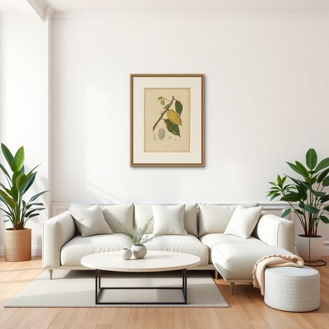 Antique White Cacao Botanical Chromolithograph by Hoola van Nooten, c. 1880, shown framed in a room