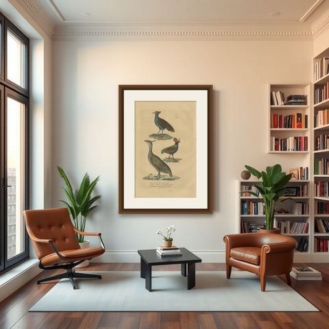 Bird Print of a Malay Scrubfowl, Black-rumped Buttonquail and the Elegant Trogon, shown framed in a room