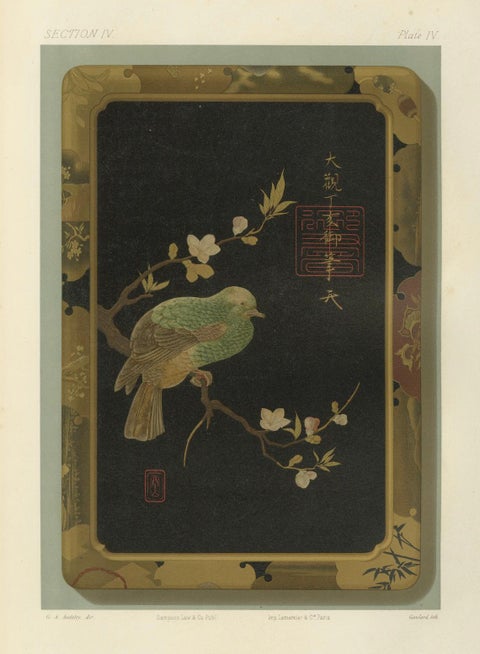 Japanese Bird and Blossom Lacquer Tray: Antique Lithograph, 1880s, close-up 5