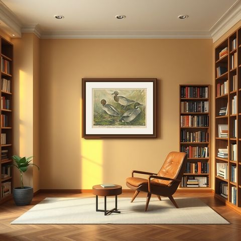 Ducks in Breeding Plumage, Antique 19th Century Chromolithograph Print, shown framed in a room