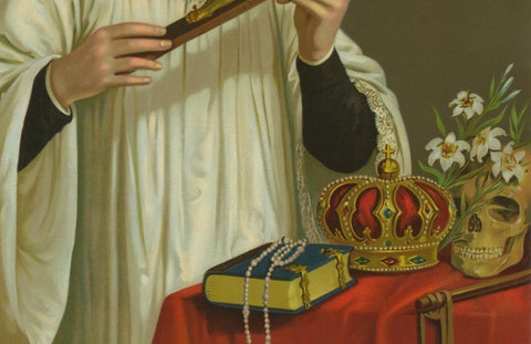 St. Aloysius Gonzaga, Chromolithograph with Crown, Skull and Crucifix, 1899, close-up 2