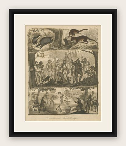 Badger and Otter Hunt, Antique German Engraving, circa 1840, shown framed