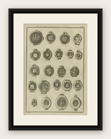 Antique Print of Seals of Nobility and Important Men of Scotland, 1792, shown framed