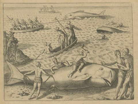 The Whale Harvest of St. Mary's Island - Copper Engraving by de Bry, 1601, close-up 2