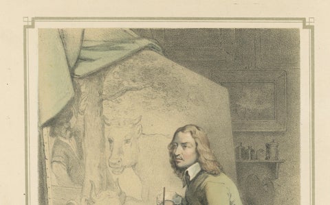 Paulus Potter, Dutch Animal Painter at Work, Hand-Colored Lithograph, ca.1850, close-up 1