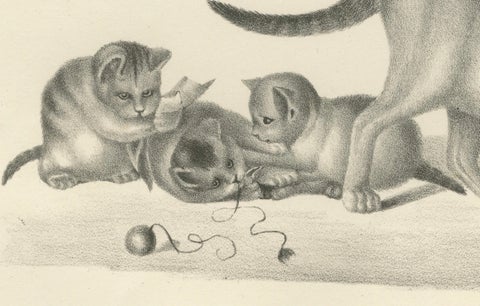 19th-Century Lithograph of Domestic Cats in Playful and Nurturing Scenes, close-up 2