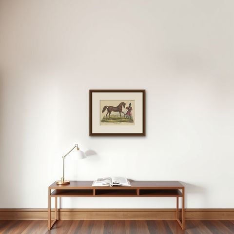 Antique Hand Colored Print of a Persian Horse, shown framed on a wall