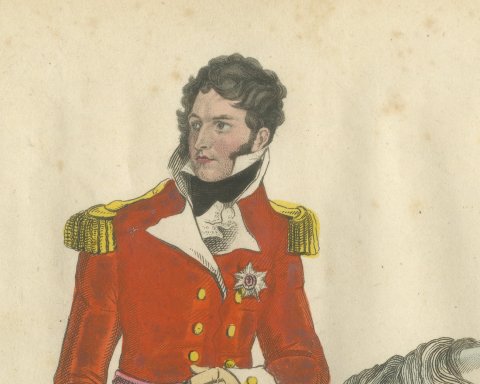 Prince Leopold of Saxe Coburg with Hat in Hand on a Gray Horse, 1816, close-up 1