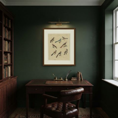 Eight Cuckoos from Around the World, Antique Bertuch Print, circa 1805, shown framed in a room