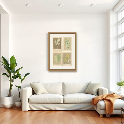 Vintage Botanical Elegance: A Study of Leaves and Patterns, Published in 1880, shown framed in a room