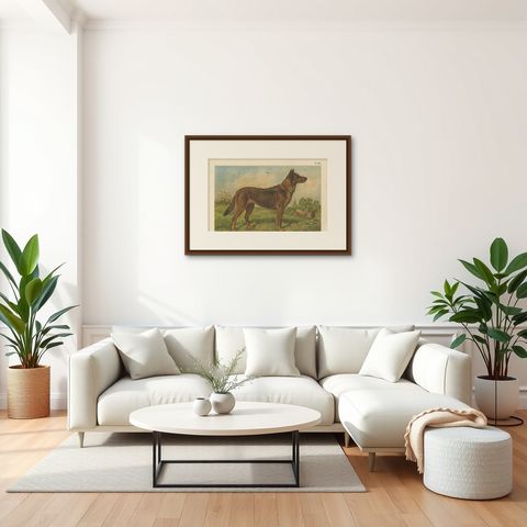 Antique Dog Print of a German Shepherd by Th. Breidwiser, 1879, shown framed in a room