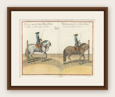 Original Antique Horse Riding Print with Hand Coloring, shown framed