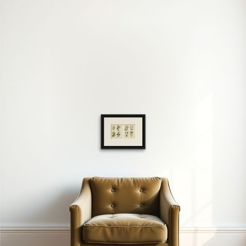 Pair of Hand-Colored Botanical Engravings of Wild and Cultivated Flowers, 1828, shown framed on a wall