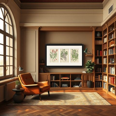 Garden Elegance: A Triptych of 19th Century Botanical Illustrations, 1896, shown framed in a room