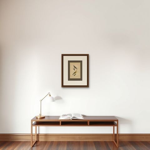 Golden Oriole & Reed Warbler, Antique hand-coloured lithograph, c.1828, shown framed on a wall