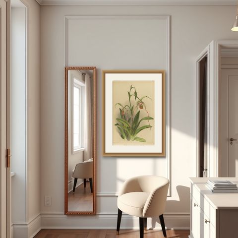 Antique Botanical Print, Exotic Orchid Selenipedium Hybridum Grande, c.1888, shown framed in a room