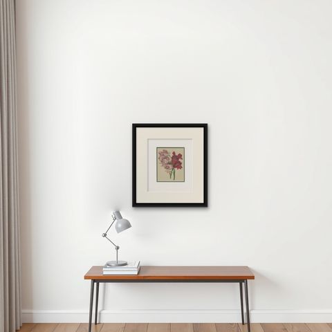 Antique Botany Print of Gladiolus Varieties 'c.1850', shown framed on a wall