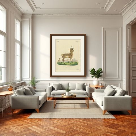 Antique Print of a nice Hand-colored Antelope by Schreber '1775', shown framed in a room