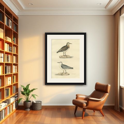 Seasonal Plumage of the Sanderling: Selby's Ornithological Study, 1826, shown framed in a room
