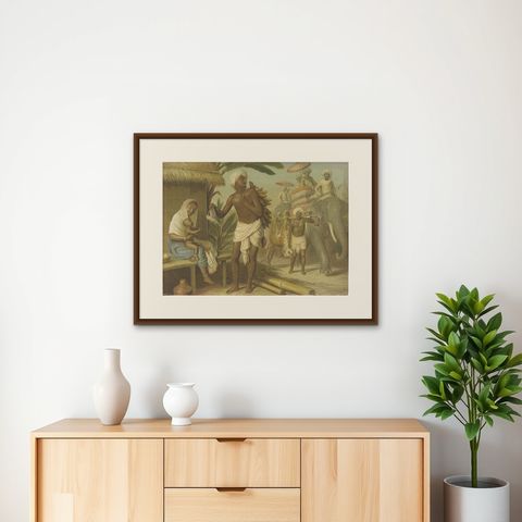 Large Antique Chromolithograph, India Tiger Hunt Scene, Leutemann, ca. 1890, shown framed on a wall