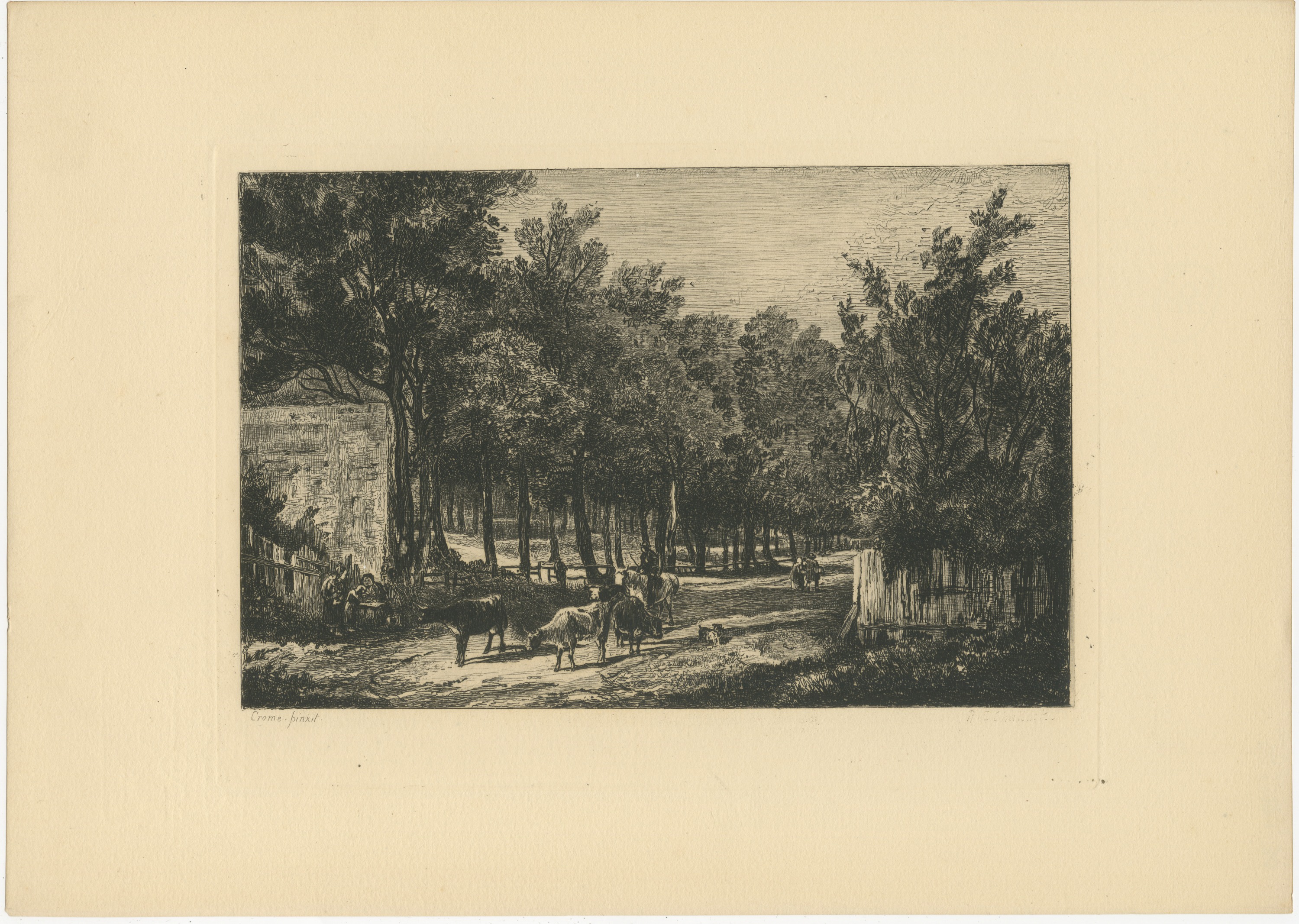 Lane with Cattle after John Crome, Antique Etching by Chattock, circa 1875, view 2