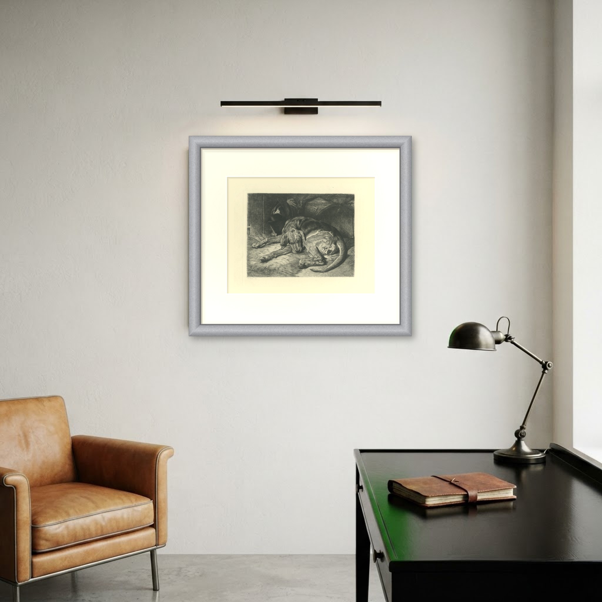 Sleeping Hound with a Plumed Helmet, Antique Etching by W. Wise, circa 1880, shown framed on a wall