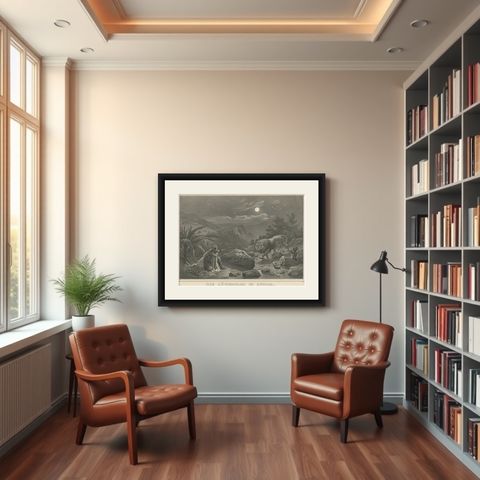 Antique Print of a Lion Hunt in Africa, shown framed in a room