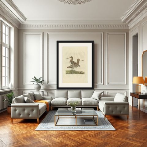 Antique Bird Print of the Great Snipe by Sepp & Nozeman, 1797, shown framed in a room