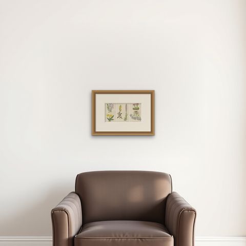 Antique Botanical Triptych with Erythronium Americanum and Bellflower c1870, shown framed on a wall