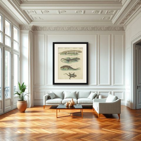 Antique Handcolored Engraving of Lizards and Newts, c.1800, shown framed in a room