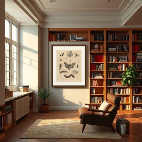 Antique Animal Print of various Insects 'Moth, Caterpillar', 1847, shown framed in a room