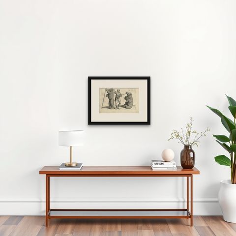 Antique Print of a Man with Two Bears by J. Jonston, 1657, shown framed on a wall