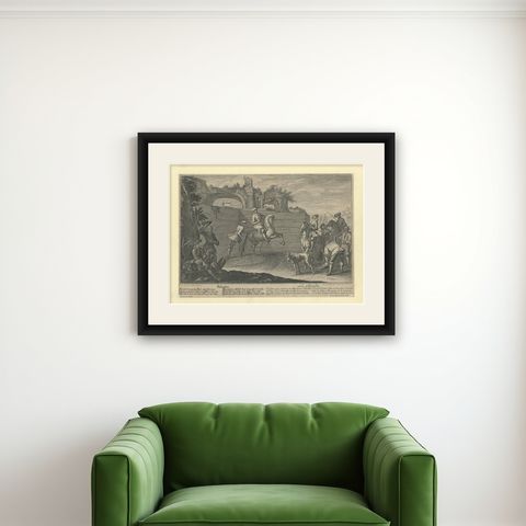 Antique Horse Print of a Passade training by Ridinger, 1722, shown framed on a wall