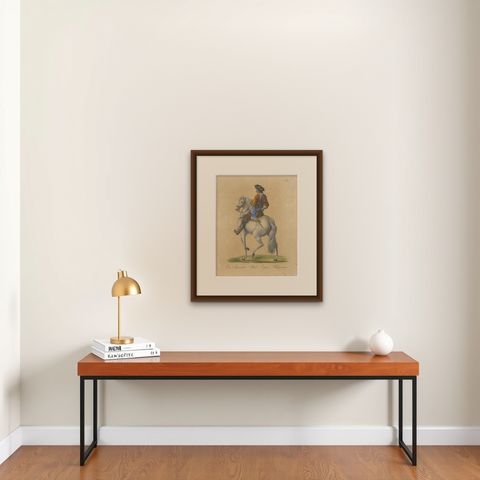 Antique Andalusian Horse Lithograph by Brodtmann, Equus Hispanicus, 1816, shown framed on a wall
