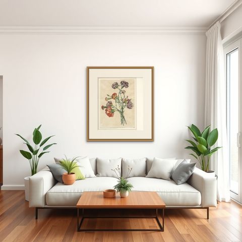 Antique Botanical Print of Carnations by Jean-Louis Prévost, 1805, shown framed in a room