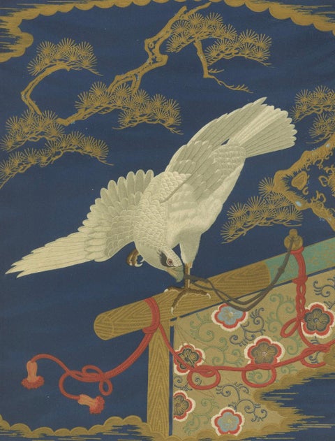 Japanese White Hawk on Pine Branch: Antique Lithograph, 1880s, close-up 3