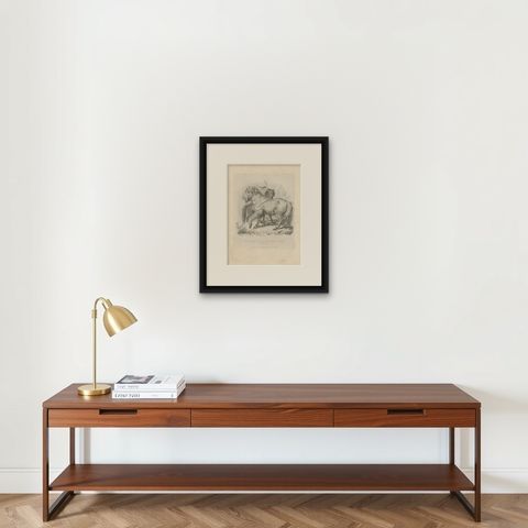 Antique Animal Print of a Calmuc or Little Russian Horse, shown framed on a wall